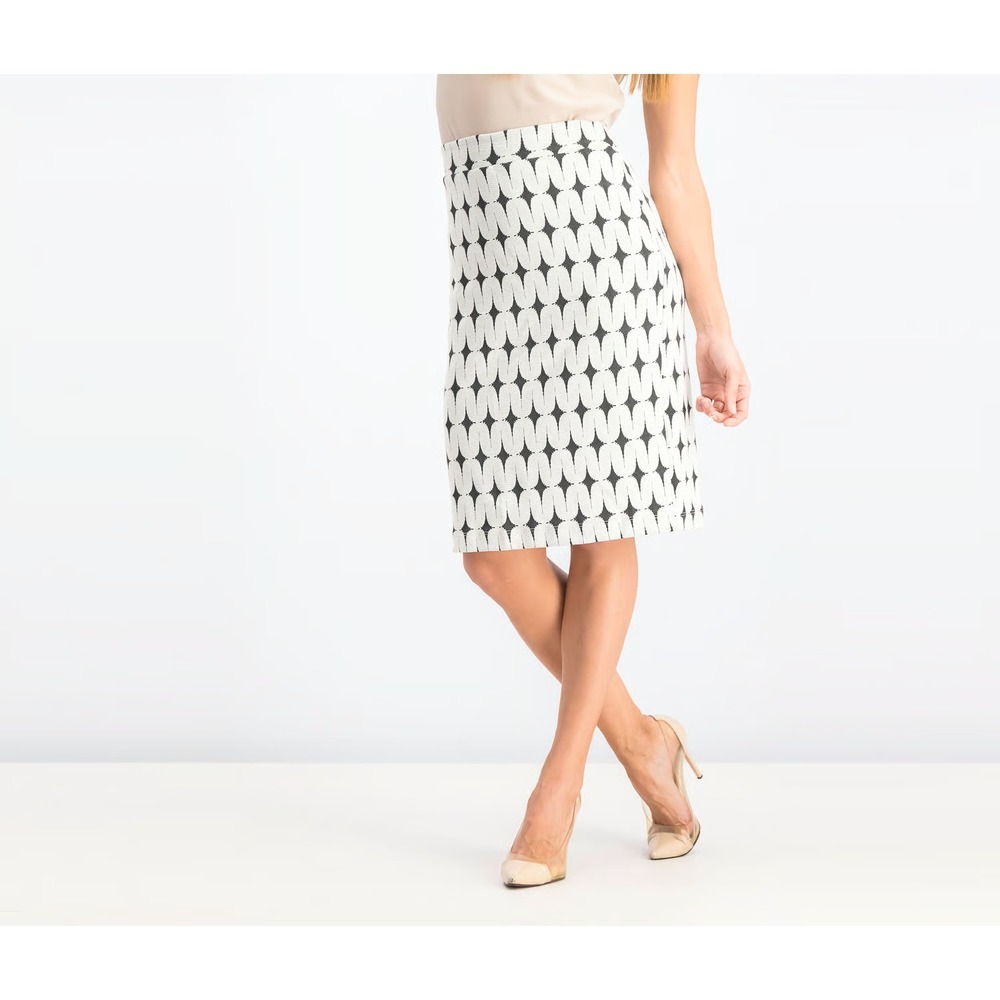 Renee C Womens Pencil Skirt 1X Off White Black Geo Printed Stretch